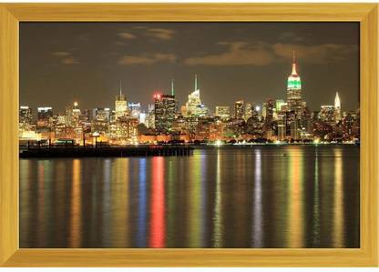 Artzfolio Empire State Building At Night, New York, USA Painting Golden Frame 20.5x14inch Canvas 14 inch x 20.5 inch Painting