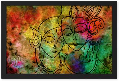 Ritwika's Religious Radha krishna Lotus Flute Modern Line Art Multicolored Wall Framed Digital Reprint 9.5 inch x 13.5 inch Painting