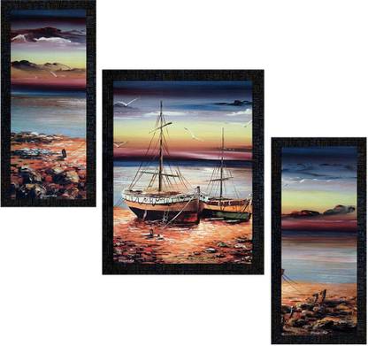 pnf Hand Painting Scenery Set of 3 with Acrylic Sheet (Glass) painting-0197 Digital Reprint 13.5 inch x 10.5 inch Painting