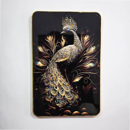 Masstone Peacock Golden effect Crystal Embedded High Gloss Surface with Golden Slim Frame Embossed 18 inch x 12 inch Painting