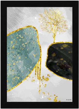FRIZZY ARTS Gilded Stonescape – Abstract Gold Tree & Textured Rocks Art Digital Reprint 13 inch x 10 inch Painting