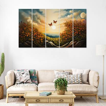 Dekorstation Multiple Frame Beautiful Sunrise Nature Wall Painting for Wall Décor Canvas 24 inch x 52 inch Painting