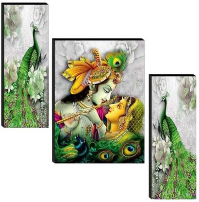 WALLSTOXX Set Of 3 Radha Krishan with Peacock 12X18 Inch MDF Wall Art Painting Digital Reprint 18 inch x 12 inch Painting