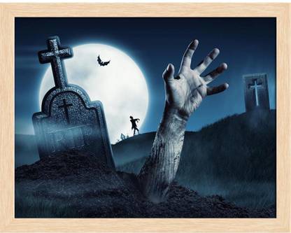 Artzfolio Zombie Hand Coming Out Of His Grave Painting Natural Brown Frame 23.2x18inch Canvas 18 inch x 23.2 inch Painting