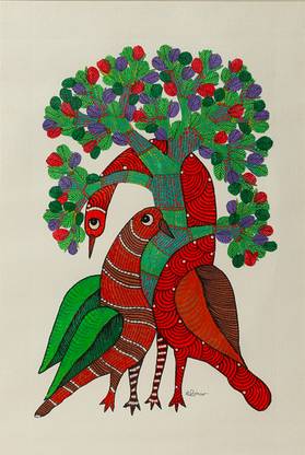 MyAravali Tree Wrap: GI certified Hand painted, authentic Gond art for wall art décor Acrylic 22.4409 inch x 16.5354 inch Painting