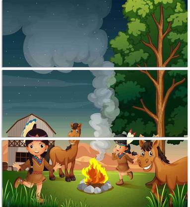 Artzfolio Farm With Indian Girls Split Art Painting 28 x 30.3 inch (71 x 77 cms) Digital Reprint 30.3 inch x 28 inch Painting