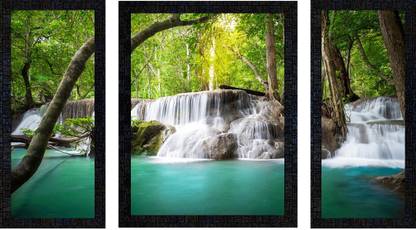 Poster N Frames Set of 3 with Acrylic Sheet (Glass) Vastu Waterfall Landscape Scenery -1135 Digital Reprint 14 inch x 22 inch Painting