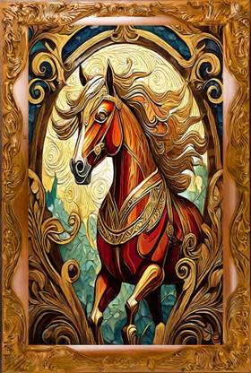 R A Enterprises [HORSE PAINTING] WITH LUXURY WOOD CARVING FRAME Digital Reprint 12 inch x 9 inch Painting