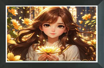 AARTKALA anime girl with silky brown hair. anime goddess, korean girl, asian girl Digital Reprint 14 inch x 10 inch Painting