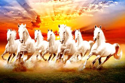 mansh adworld Vastu Multiple 7 Horses,Water proof Hi gloss Self laif, Self AdhesivE Digital Reprint 24 inch x 36 inch Painting