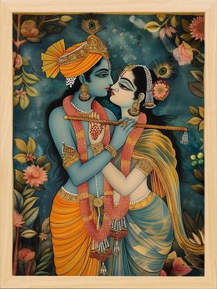 ARAkri Radha Krishna Wall Painting with frame set Digital Reprint 17 inch x 13 inch Painting