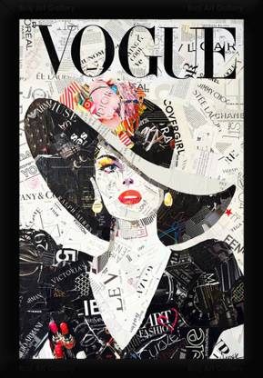 Braj Art Gallery Vogue Girl wearing Hat Per Clip Collage Fashion Framed Poster Digital Reprint 19.5 inch x 13.5 inch Painting