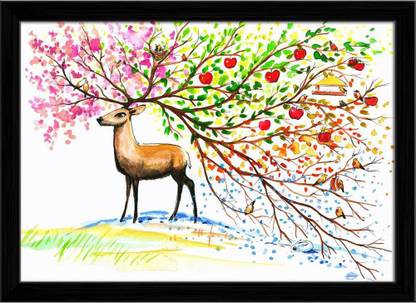 Artzfolio Brown Deer With Beautiful Horn Canvas Painting Black Frame 19.7x14inch Canvas 14 inch x 19.7 inch Painting