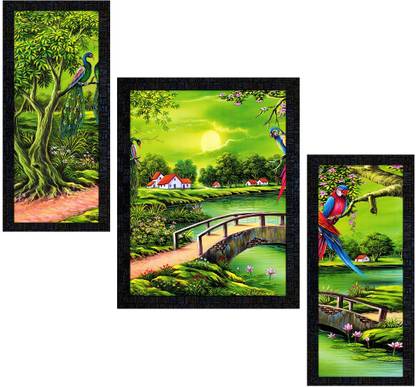 Poster N Frames Landscape Scenery Set of 3 with Acrylic Sheet (Glass) painting-1603 Digital Reprint 13.5 inch x 10.5 inch Painting