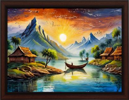 Masstone Beautiful Lake Scenery UV Textured Effect Framed HD Digital Reprint 11 inch x 14 inch Painting
