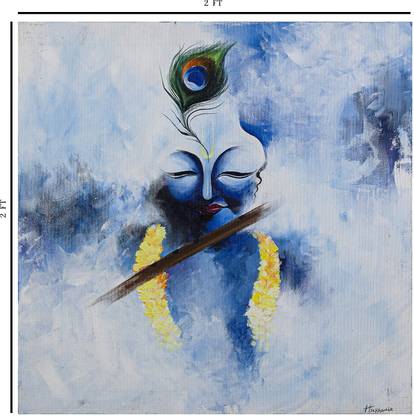 ART STROKE H1025Divine Hand-Paint Oil Shree Krishna Painting on Serene Sky Blue Background Canvas 24 inch x 24 inch Painting