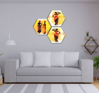 saf Lord Buddha Set OF 3 Hexagon UV Textured Self adhesive Wall Painting Digital Reprint 17 inch x 17 inch Painting