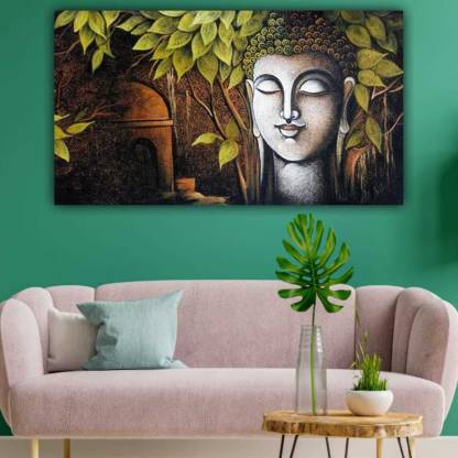 The seven colours Beautiful Meditating Buddha painting under Bodhi Tree canvas abstract modern art Canvas 24 inch x 48 inch Painting