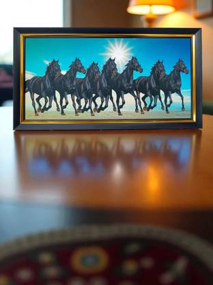 Elegance Vastu Seven Black Running Horses Painting Photo Frame for Home décor Digital Reprint 10.25 inch x 19.25 inch Painting