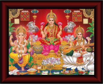 saf Laxmi Saraswati Ganesha UV Textured Multi-Effect Painting Digital Reprint 14 inch x 11 inch Painting