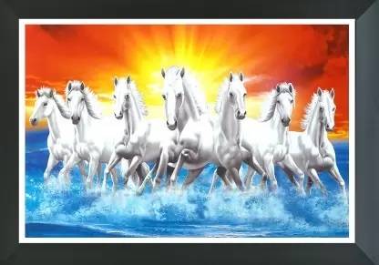AARTKALA Seven white running horse photo frame | UV Textured 7 Running Horses Vastu Digital Reprint 14 inch x 20 inch Painting