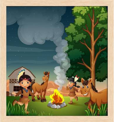 Artzfolio Farm With Indian Girls Framed Wall Art Painting Print Canvas 12.8 inch x 12 inch Painting