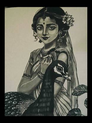 Balajiart Customised RADHARANI WITH PEACOCK A3 Size Hand made Pencil sketch Portraits Pencil 16.5 inch x 11.7 inch Painting