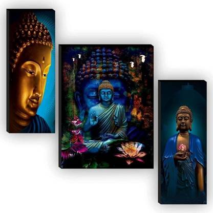 SNDArt (505)Set Of 3 Lord Buddha Wall Painting For Living Room Digital Reprint 12 inch x 18 inch Painting