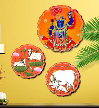 saf Round Shape Set of 3 Shree Nath Ji MDF Painting for Home Décor JLR43-S2L1 Digital Reprint 12 inch x 12 inch Painting