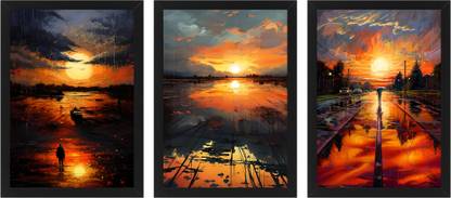 ArteVisio Beautiful Sunset Scenery : Realistic Painting Art Wall Frames (Set of 3) Digital Reprint 20 inch x 14 inch Painting
