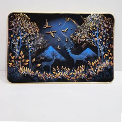 Masstone Reindeer Jungle Night View Crystal Embedded High Gloss Surface Gold Slim Frame Embossed 12 inch x 18 inch Painting