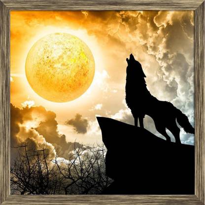 Artzfolio Wolf Howling To The Full Moon Framed Wall Art Painting Print Canvas 12 inch x 12 inch Painting