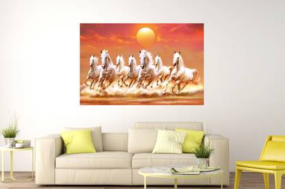 Masstone Vastu Seven Running Horses Sparkle Coated Self Adhesive Wallpaper Without Frame Digital Reprint 24 inch x 36 inch Painting
