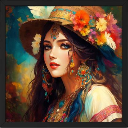 Ritwika's A Beautiful Floral Hat Girl Sketch Colour Style Frame Poster Digital Reprint 13.5 inch x 13.5 inch Painting