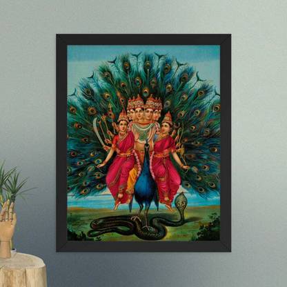 Sri Asdhuj Hindu deity Karttikeya with his consorts on his Vahana (11x14 IN) Digital Reprint 11 inch x 14 inch Painting