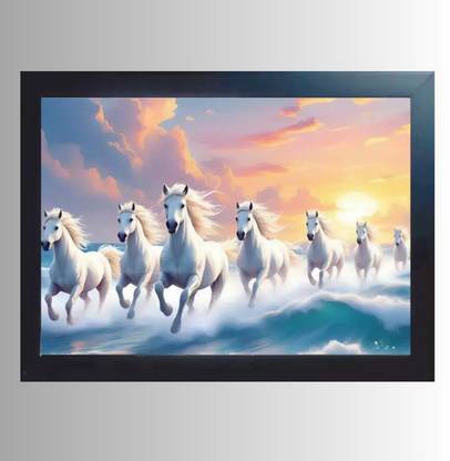 DEKOVA 7 White Horses Running Photo Frame for Wall Décor | Vastu Decorative Art Print Digital Reprint 9 inch x 12 inch Painting