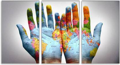 BNF 3 Panel World Map on A Pair of Hands Canvas Painting Wall Art for Home Decor Canvas 12 inch x 13 inch Painting
