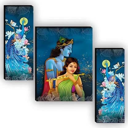 SNDArt Set Of 3 Radha Krishna Wall Paintings For Home Décor Digital Reprint 12 inch x 18 inch Painting
