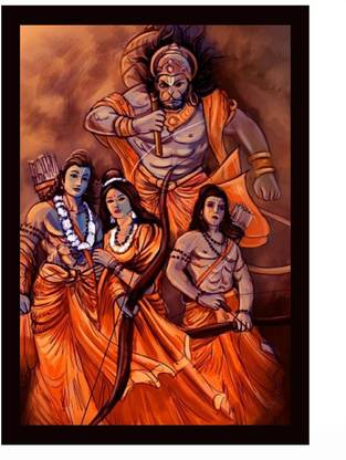 Chaque Decor Black Frame Ram Laxman Sita & Hanuman ji Texture Paper Without Glass,Multi Digital Reprint 20 inch x 14 inch Painting