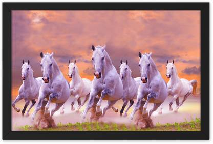 Ritwika's Seven White Running Horse In The Field Vastu Symbol Framed Poster Digital Reprint 9.5 inch x 0.5 inch Painting