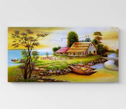 GIFTMASTER Village Landscape Painting Beautiful Art For Your Home Decor Canvas 12 inch x 24 inch Painting
