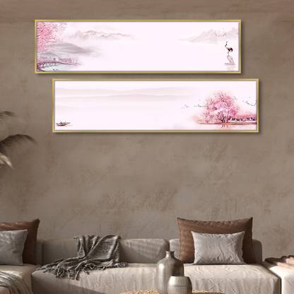Painting Mantra Heron in the Pink Lake Japan Cherry Blossom Canvas Wall Art Print for Decor Canvas 27 inch x 47 inch Painting