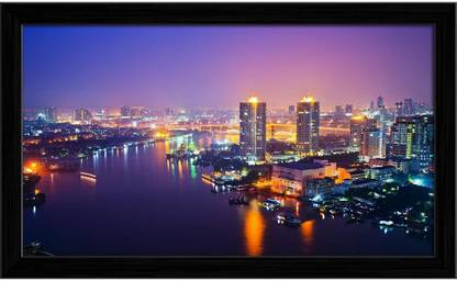 Artzfolio Panorama View Of Bangkok City At Night, Thailand Framed Painting 20.6x12inch Canvas 12 inch x 20.6 inch Painting