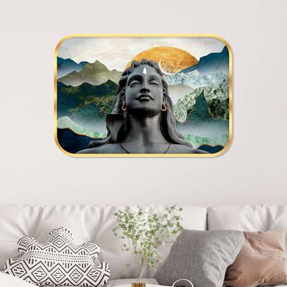 saf Shiv Adiyogi Crystal Embedded High Gloss Surface with Golden Frame Digital Reprint 18 inch x 12 inch Painting