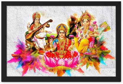 Ritwika's Lord Ganesha With Ma Laxmi & Saraswati Traditional Old Abstract Wall Art Framed Digital Reprint 9.5 inch x 0.5 inch Painting