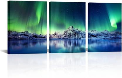 Vedic Vastu Northern Lights Canvas Wall Art - Aurora Borealis Wall Art Snowy Mountain Canvas 16 inch x 12 inch Painting