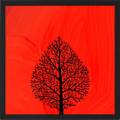 Ritwika's Abstract Art Black Tree Red Bg Painting with Frame Digital Reprint 13.5 inch x 13.5 inch Painting