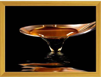 Artzfolio Flowing Dripping Honey From Spoon On Black Painting Golden Frame 16x12inch Canvas 12 inch x 16 inch Painting
