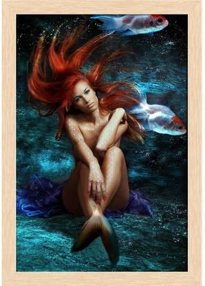 Artzfolio Mermaid With Red Floating Hair Framed Wall Art Painting Print Canvas 23 inch x 16 inch Painting