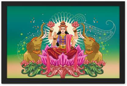 Ritwika's Modern Illustration Of Goddess Laxmi Surrounded By Elephants With Frame For Home and Office Décor Digital Reprint 9.5 inch x 13.5 inch Painting